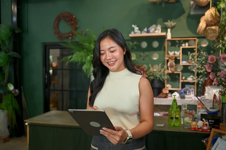 Business owner reviewing client orders on a digital tablet in her shop
